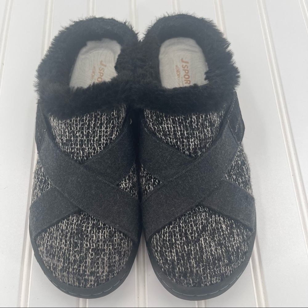 J Sport Memory Foam Black/White Faux Fur Lined Slip On Mules Size 8.5